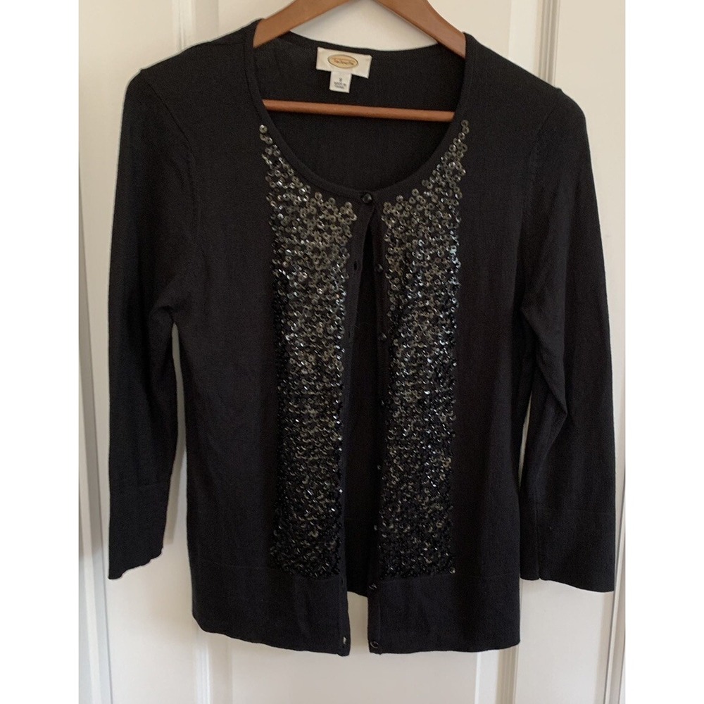 Talbots Women's S Black Crew Neck Cardigan Sweater Sequins Silk Cashmere Blend